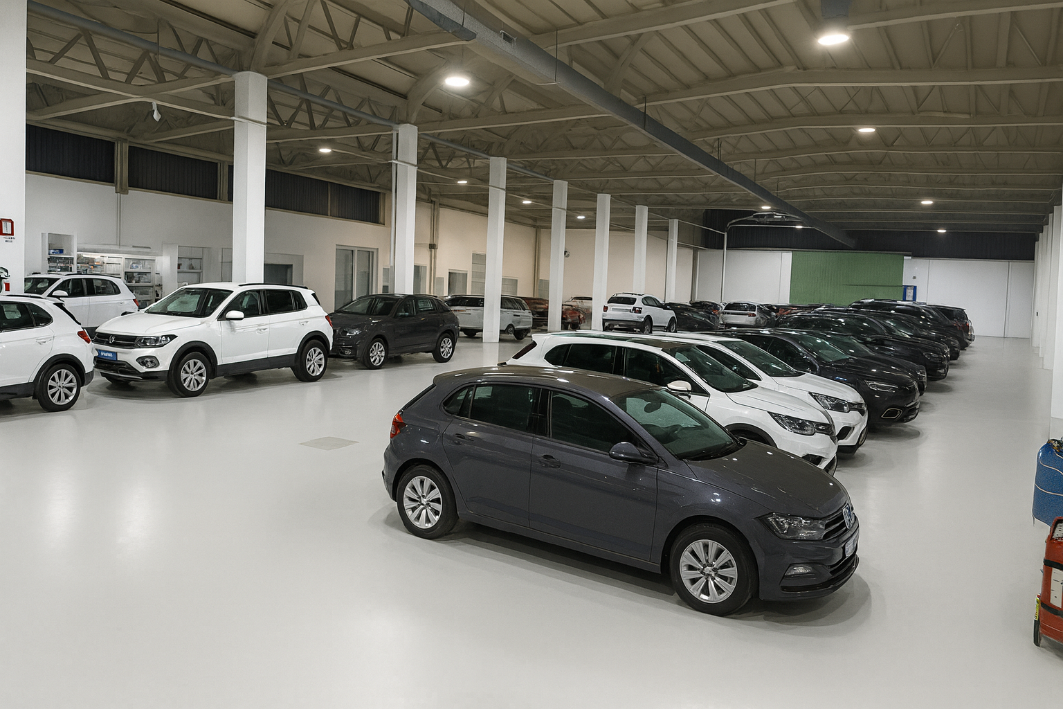 Officina Croce Auto Group a Roma Est , interno carrozzeria pulito con vetture parcheggiate pronte per la consegna