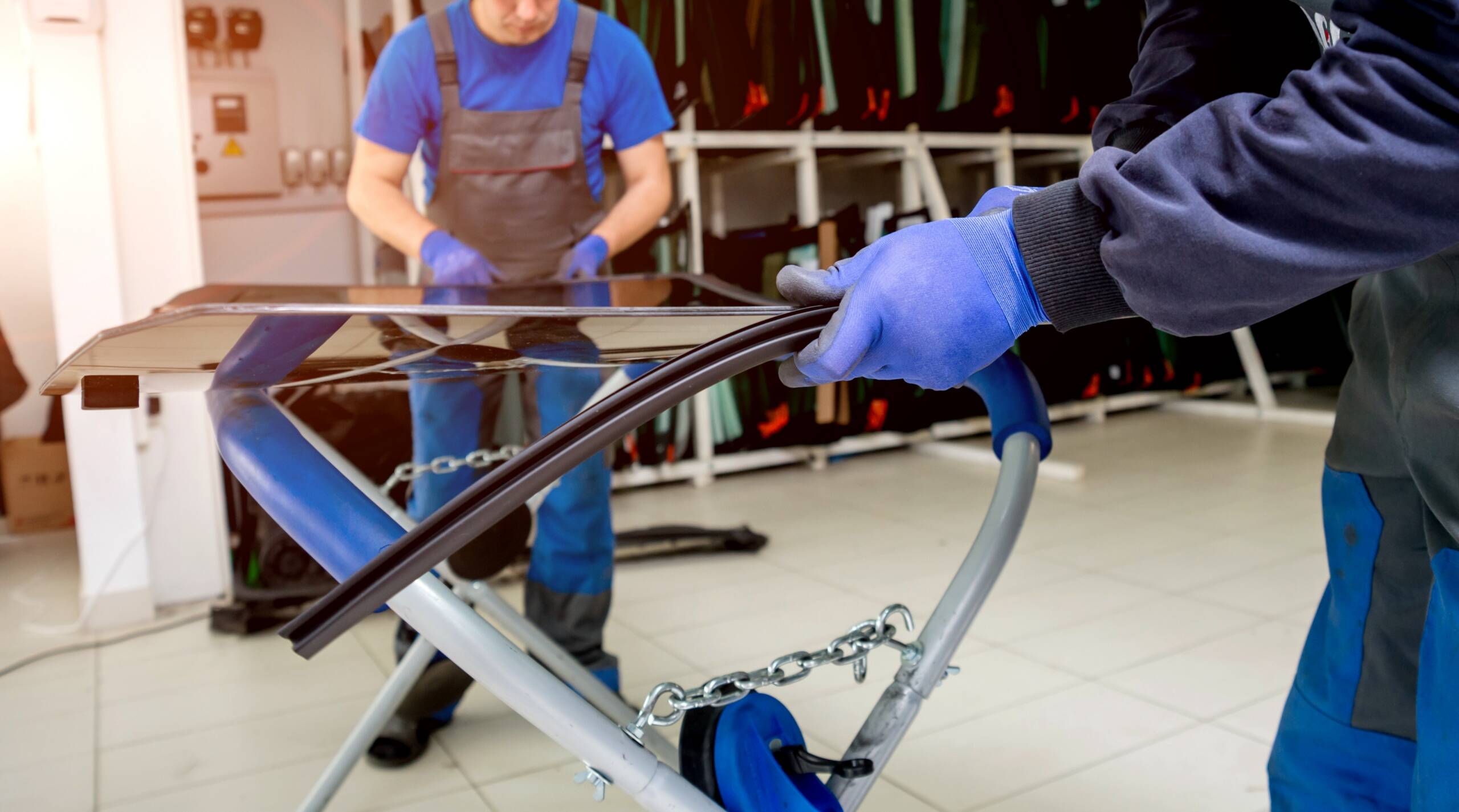 Tecnico che prepara guarnizioni e cristallo per la sostituzione del parabrezza con calibrazione ADAS.