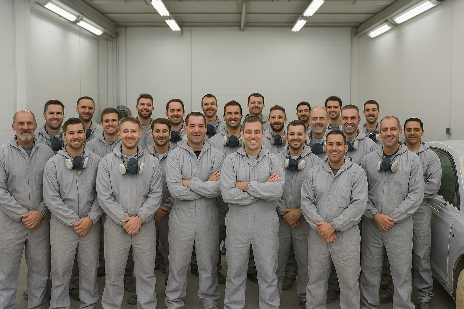 Gruppo di circa venti carrozzieri professionisti in tuta grigia all’interno dell’officina durante una sessione di lavoro.