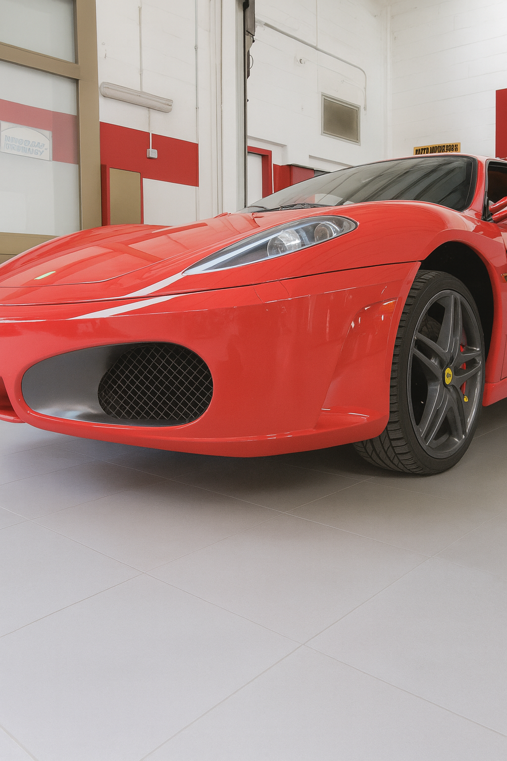 Ferrari rossa in carrozzeria dopo intervento professionale, con pavimento e muri perfettamente puliti.